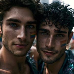 AI-generated Pride celebration art handsome men at vibrant LGBTQ+ Pride parades, embellished with rainbow colors, walking with pride, and celebrating love. By Jeff Dupler.