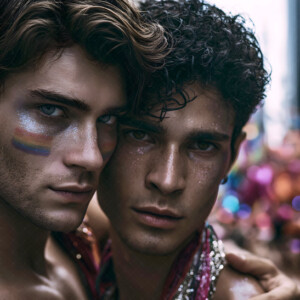 AI-generated Pride celebration art handsome men at vibrant LGBTQ+ Pride parades, embellished with rainbow colors, walking with pride, and celebrating love. By Jeff Dupler.