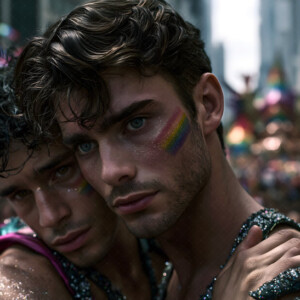 AI-generated Pride celebration art handsome men at vibrant LGBTQ+ Pride parades, embellished with rainbow colors, walking with pride, and celebrating love. By Jeff Dupler.