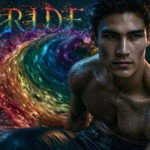 AI-generated Pride celebration art handsome men at vibrant LGBTQ+ Pride parades, embellished with rainbow colors, walking with pride, and celebrating love. By Jeff Dupler.