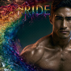 AI-generated Pride celebration art handsome men at vibrant LGBTQ+ Pride parades, embellished with rainbow colors, walking with pride, and celebrating love. By Jeff Dupler.