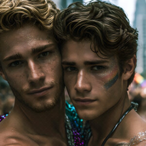 AI-generated Pride celebration art handsome men at vibrant LGBTQ+ Pride parades, embellished with rainbow colors, walking with pride, and celebrating love. By Jeff Dupler.