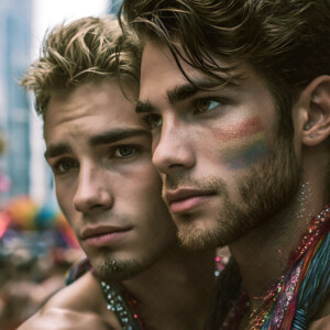 AI-generated Pride celebration art handsome men at vibrant LGBTQ+ Pride parades, embellished with rainbow colors, walking with pride, and celebrating love. By Jeff Dupler.