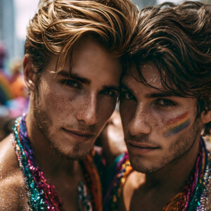 AI-generated Pride celebration art handsome men at vibrant LGBTQ+ Pride parades, embellished with rainbow colors, walking with pride, and celebrating love. By Jeff Dupler.