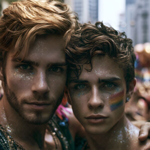 AI-generated Pride celebration art handsome men at vibrant LGBTQ+ Pride parades, embellished with rainbow colors, walking with pride, and celebrating love. By Jeff Dupler.