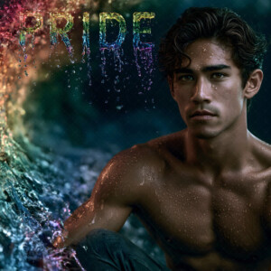 AI-generated Pride celebration art handsome men at vibrant LGBTQ+ Pride parades, embellished with rainbow colors, walking with pride, and celebrating love. By Jeff Dupler.