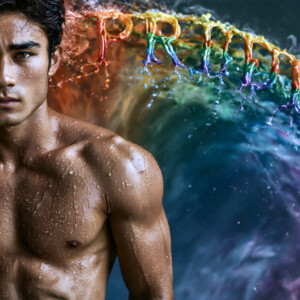 AI-generated Pride celebration art handsome men at vibrant LGBTQ+ Pride parades, embellished with rainbow colors, walking with pride, and celebrating love. By Jeff Dupler.