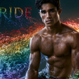 AI-generated Pride celebration art handsome men at vibrant LGBTQ+ Pride parades, embellished with rainbow colors, walking with pride, and celebrating love. By Jeff Dupler.