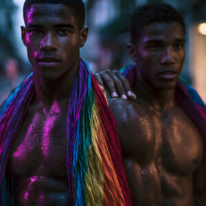 AI-generated Pride celebration art handsome men at vibrant LGBTQ+ Pride parades, embellished with rainbow colors, walking with pride, and celebrating love. By Jeff Dupler.
