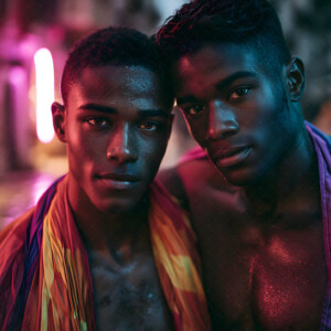 AI-generated Pride celebration art handsome men at vibrant LGBTQ+ Pride parades, embellished with rainbow colors, walking with pride, and celebrating love. By Jeff Dupler.