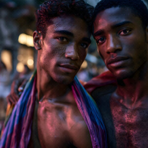 AI-generated Pride celebration art handsome men at vibrant LGBTQ+ Pride parades, embellished with rainbow colors, walking with pride, and celebrating love. By Jeff Dupler.