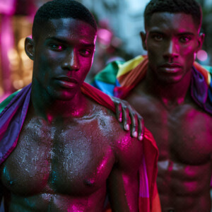 AI-generated Pride celebration art handsome men at vibrant LGBTQ+ Pride parades, embellished with rainbow colors, walking with pride, and celebrating love. By Jeff Dupler.