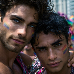 AI-generated Pride celebration art handsome men at vibrant LGBTQ+ Pride parades, embellished with rainbow colors, walking with pride, and celebrating love. By Jeff Dupler.