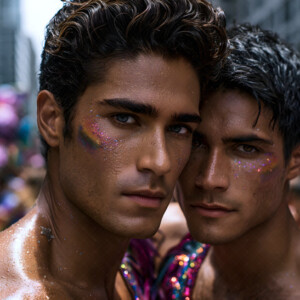 AI-generated Pride celebration art handsome men at vibrant LGBTQ+ Pride parades, embellished with rainbow colors, walking with pride, and celebrating love. By Jeff Dupler.