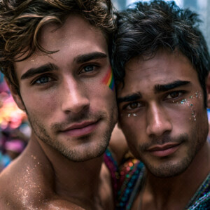 AI-generated Pride celebration art handsome men at vibrant LGBTQ+ Pride parades, embellished with rainbow colors, walking with pride, and celebrating love. By Jeff Dupler.