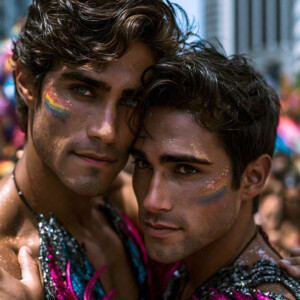 AI-generated Pride celebration art handsome men at vibrant LGBTQ+ Pride parades, embellished with rainbow colors, walking with pride, and celebrating love. By Jeff Dupler.