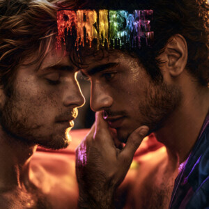 AI-generated Pride celebration art handsome men at vibrant LGBTQ+ Pride parades, embellished with rainbow colors, walking with pride, and celebrating love. By Jeff Dupler.
