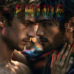 AI-generated Pride celebration art handsome men at vibrant LGBTQ+ Pride parades, embellished with rainbow colors, walking with pride, and celebrating love. By Jeff Dupler.