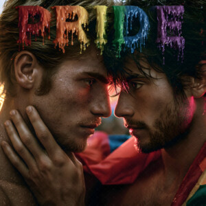 AI-generated Pride celebration art handsome men at vibrant LGBTQ+ Pride parades, embellished with rainbow colors, walking with pride, and celebrating love. By Jeff Dupler.