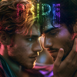 AI-generated Pride celebration art handsome men at vibrant LGBTQ+ Pride parades, embellished with rainbow colors, walking with pride, and celebrating love. By Jeff Dupler.