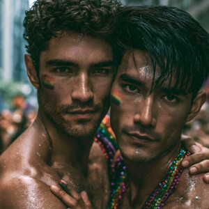 AI-generated Pride celebration art handsome men at vibrant LGBTQ+ Pride parades, embellished with rainbow colors, walking with pride, and celebrating love. By Jeff Dupler.