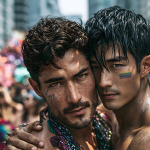 AI-generated Pride celebration art handsome men at vibrant LGBTQ+ Pride parades, embellished with rainbow colors, walking with pride, and celebrating love. By Jeff Dupler.