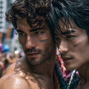 AI-generated Pride celebration art handsome men at vibrant LGBTQ+ Pride parades, embellished with rainbow colors, walking with pride, and celebrating love. By Jeff Dupler.