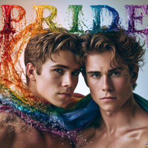AI-generated Pride celebration art handsome men at vibrant LGBTQ+ Pride parades, embellished with rainbow colors, walking with pride, and celebrating love. By Jeff Dupler.