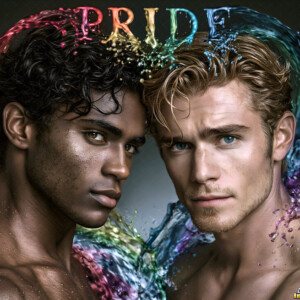 AI-generated Pride celebration art handsome men at vibrant LGBTQ+ Pride parades, embellished with rainbow colors, walking with pride, and celebrating love. By Jeff Dupler.