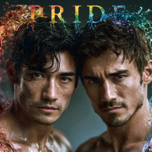 AI-generated Pride celebration art handsome men at vibrant LGBTQ+ Pride parades, embellished with rainbow colors, walking with pride, and celebrating love. By Jeff Dupler.