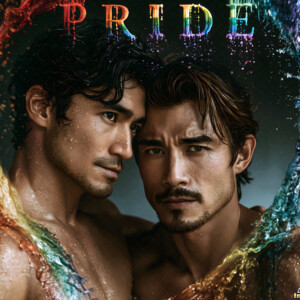 AI-generated Pride celebration art handsome men at vibrant LGBTQ+ Pride parades, embellished with rainbow colors, walking with pride, and celebrating love. By Jeff Dupler.