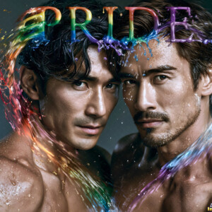 AI-generated Pride celebration art handsome men at vibrant LGBTQ+ Pride parades, embellished with rainbow colors, walking with pride, and celebrating love. By Jeff Dupler.