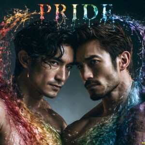 AI-generated Pride celebration art handsome men at vibrant LGBTQ+ Pride parades, embellished with rainbow colors, walking with pride, and celebrating love. By Jeff Dupler.