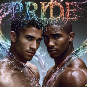 AI-generated Pride celebration art handsome men at vibrant LGBTQ+ Pride parades, embellished with rainbow colors, walking with pride, and celebrating love. By Jeff Dupler.