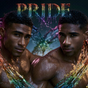 AI-generated Pride celebration art handsome men at vibrant LGBTQ+ Pride parades, embellished with rainbow colors, walking with pride, and celebrating love. By Jeff Dupler.