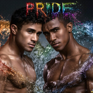 AI-generated Pride celebration art handsome men at vibrant LGBTQ+ Pride parades, embellished with rainbow colors, walking with pride, and celebrating love. By Jeff Dupler.