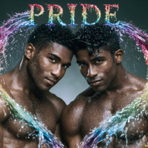 AI-generated Pride celebration art handsome men at vibrant LGBTQ+ Pride parades, embellished with rainbow colors, walking with pride, and celebrating love. By Jeff Dupler.