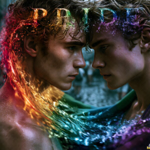 AI-generated Pride celebration art handsome men at vibrant LGBTQ+ Pride parades, embellished with rainbow colors, walking with pride, and celebrating love. By Jeff Dupler.