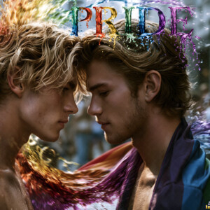 AI-generated Pride celebration art handsome men at vibrant LGBTQ+ Pride parades, embellished with rainbow colors, walking with pride, and celebrating love. By Jeff Dupler.