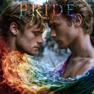 AI-generated Pride celebration art handsome men at vibrant LGBTQ+ Pride parades, embellished with rainbow colors, walking with pride, and celebrating love. By Jeff Dupler.