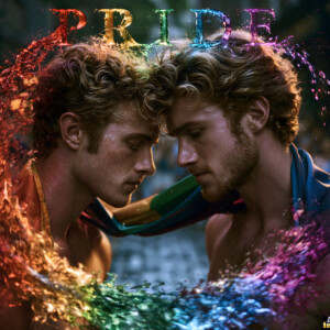 AI-generated Pride celebration art handsome men at vibrant LGBTQ+ Pride parades, embellished with rainbow colors, walking with pride, and celebrating love. By Jeff Dupler.