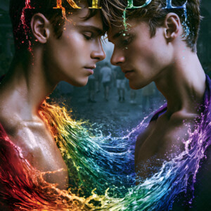 AI-generated Pride celebration art handsome men at vibrant LGBTQ+ Pride parades, embellished with rainbow colors, walking with pride, and celebrating love. By Jeff Dupler.