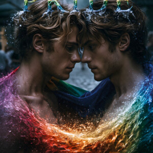 AI-generated Pride celebration art handsome men at vibrant LGBTQ+ Pride parades, embellished with rainbow colors, walking with pride, and celebrating love. By Jeff Dupler.