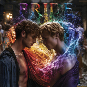 AI-generated Pride celebration art handsome men at vibrant LGBTQ+ Pride parades, embellished with rainbow colors, walking with pride, and celebrating love. By Jeff Dupler.