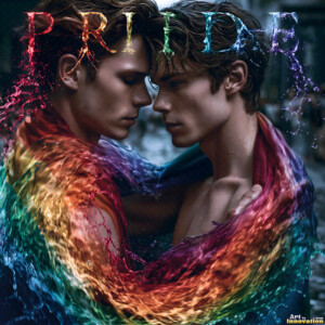 AI-generated Pride celebration art handsome men at vibrant LGBTQ+ Pride parades, embellished with rainbow colors, walking with pride, and celebrating love. By Jeff Dupler.