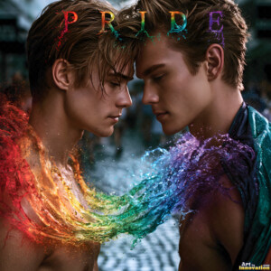 AI-generated Pride celebration art handsome men at vibrant LGBTQ+ Pride parades, embellished with rainbow colors, walking with pride, and celebrating love. By Jeff Dupler.