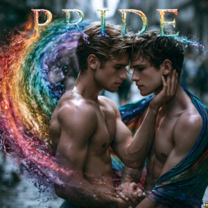 AI-generated Pride celebration art handsome men at vibrant LGBTQ+ Pride parades, embellished with rainbow colors, walking with pride, and celebrating love. By Jeff Dupler.