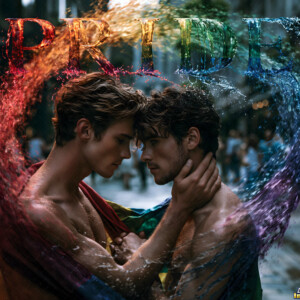 AI-generated Pride celebration art handsome men at vibrant LGBTQ+ Pride parades, embellished with rainbow colors, walking with pride, and celebrating love. By Jeff Dupler.