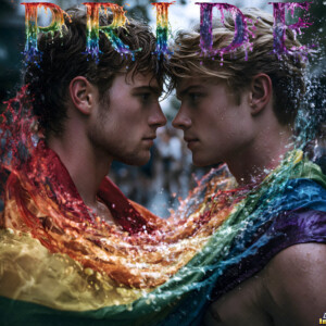 AI-generated Pride celebration art handsome men at vibrant LGBTQ+ Pride parades, embellished with rainbow colors, walking with pride, and celebrating love. By Jeff Dupler.