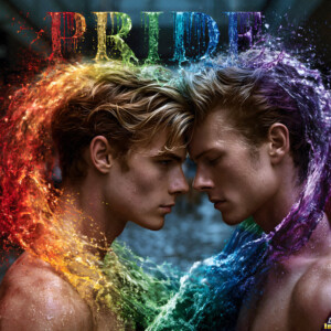AI-generated Pride celebration art handsome men at vibrant LGBTQ+ Pride parades, embellished with rainbow colors, walking with pride, and celebrating love. By Jeff Dupler.